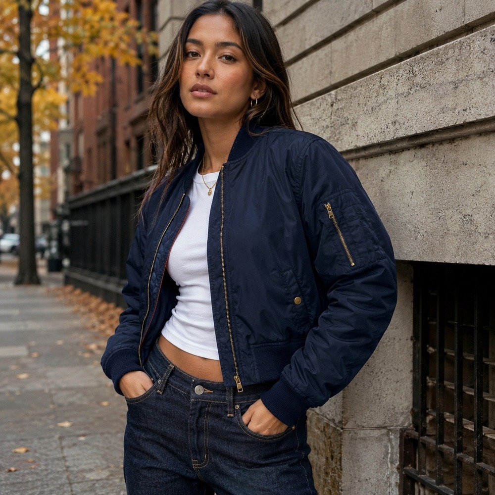 Navy Cropped MA-1 Bomber Jacket Utility Flight Jacket Gold Hardware L